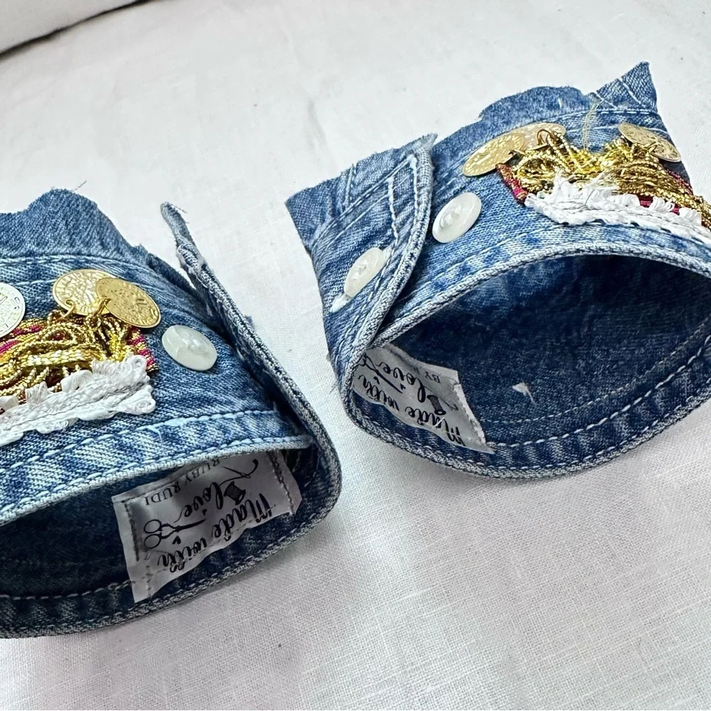 RUBYRUDI Artisan Denim Cuff Bracelet Set Shabby Chic Tattered Raw Edge Signed
